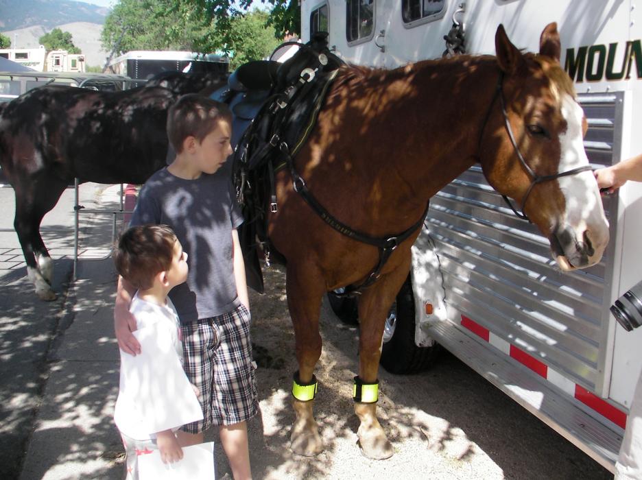 Mike and Matthew Busby look at a Carson City Sheriff's Office mounted horse.