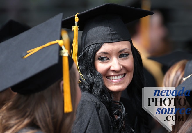 Sarah Jardine talks with friends before the Western Nevada College commencement at the Pony Express Pavilion, in Carson City.