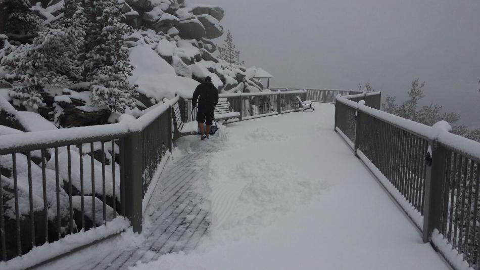 Clearing snow at mid-station deck. Photo courtesy of Heavenly Mountain Resort.