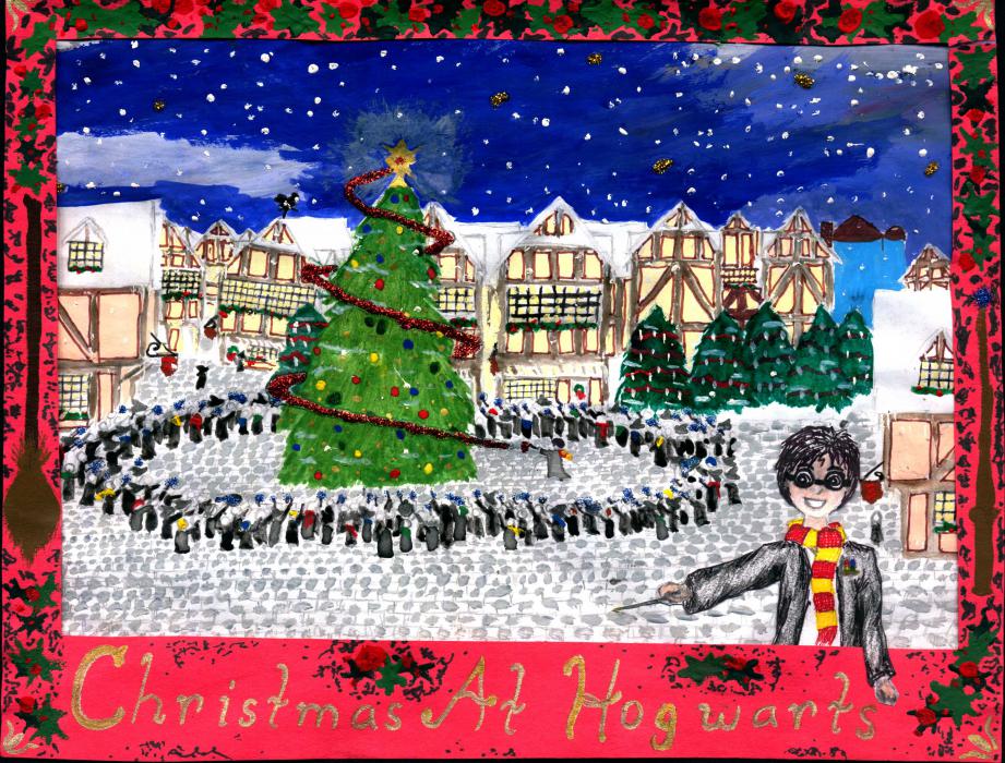 CCSD 7th grader Josephine Payan submitted the winning entry with her drawing of a Hogwarts Christmas.