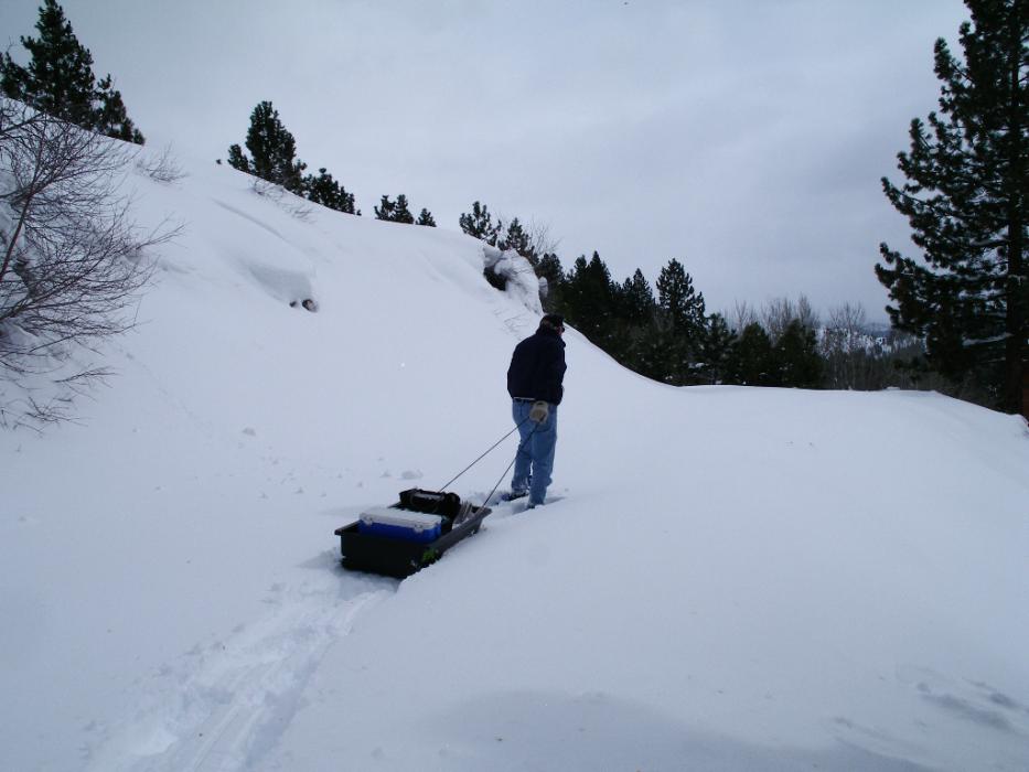 Don snowshoeing to the Quilici cabin. Photo by Elaine Quilici