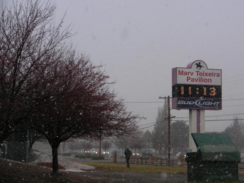 Snow falling late this morning in Carson City.