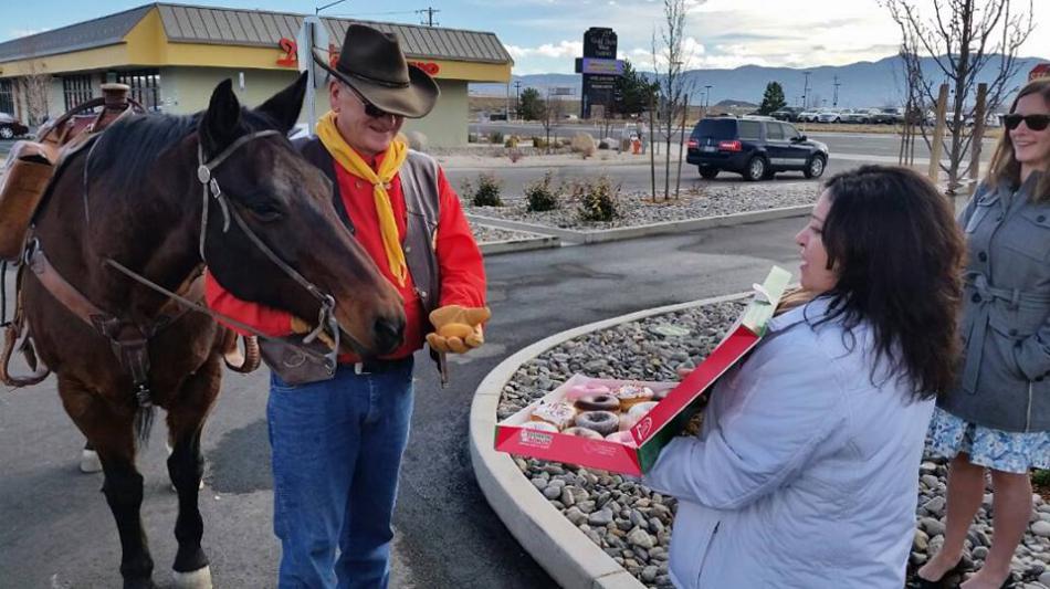 Pony Express Rider, Ron Bell and Dandy at the Dunkin Donuts Grand Opening. Photo Dana Lee Fruend, Nevada Live Magazine