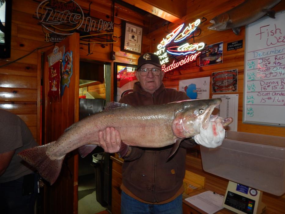 Charles Evans, Sr. of Fernley with a 22 pound, 2.4 ounce, 36 inch Cutthroat Trout caught from a boat at Pyramid Lake.