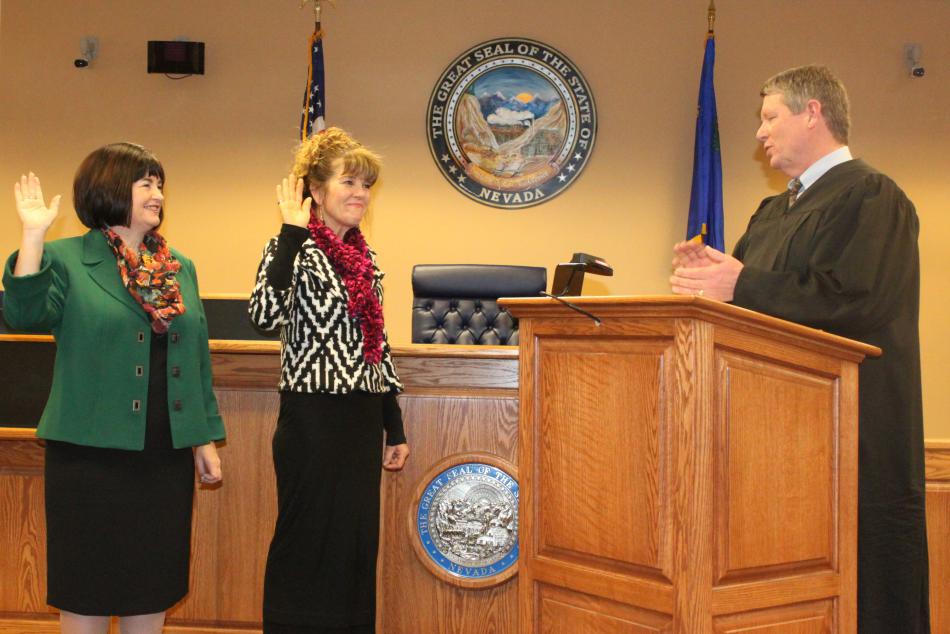 New Ward 3 Supervisor Lori Bagwell and Carson City Ward 1 Supervisor Karen Abowd sworn in by District Court Judge James E. Wilson Jr.