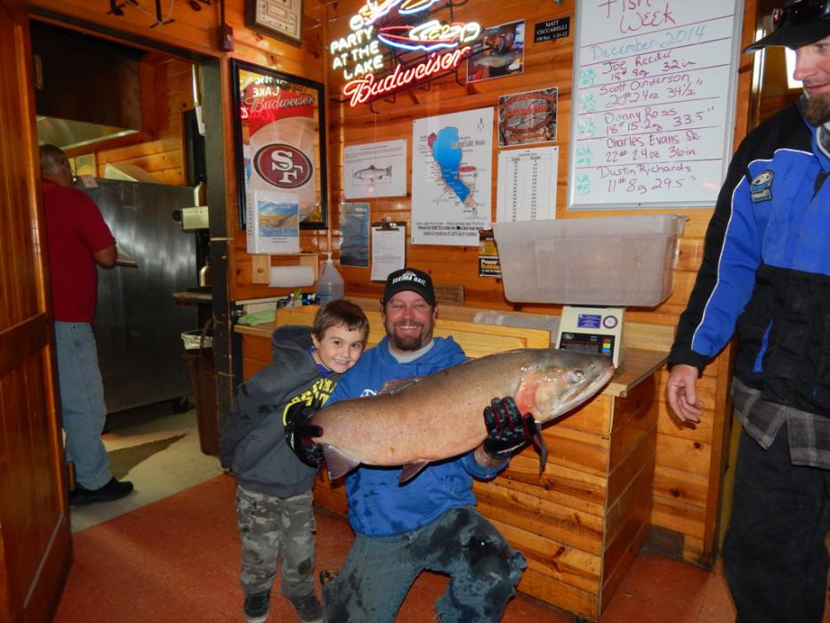 John and Max Oppio of Sparks with their 22 lb, 9.6 oz, 35.75 inch Cutthroat caught at Block House at Pyramid Lake.