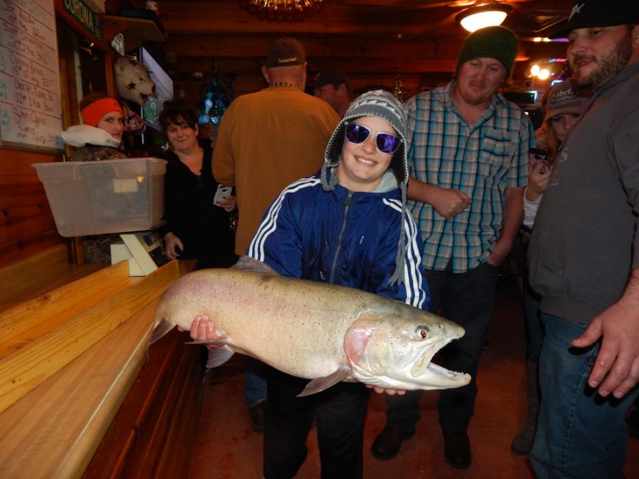 Seam Bottomly of Nevada City, CA with his 18 lb, 0 oz, 33 inch Cutthroat caught at Wino Beach at Pyramid Lake.