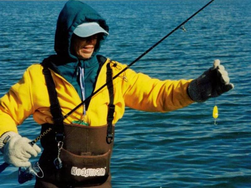 Elaine Quilici fishing in her chest waders at Pyramid Lake.  Photo by Don Quilici