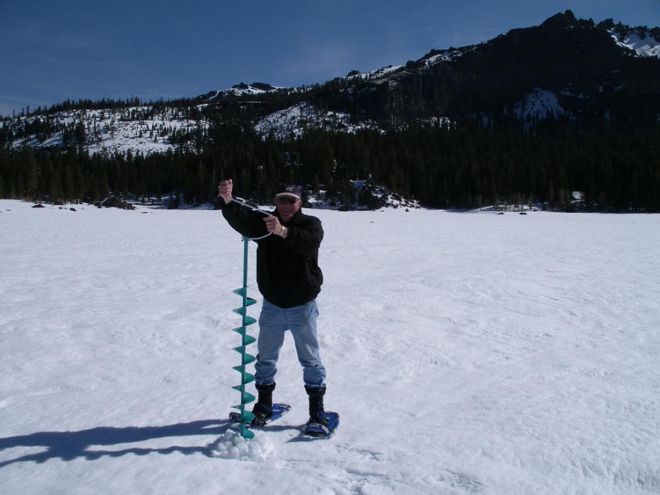 Don Quilici beginning to drill in the ice at Silver Lake, CA.  File photo courtesy of Don Quilici