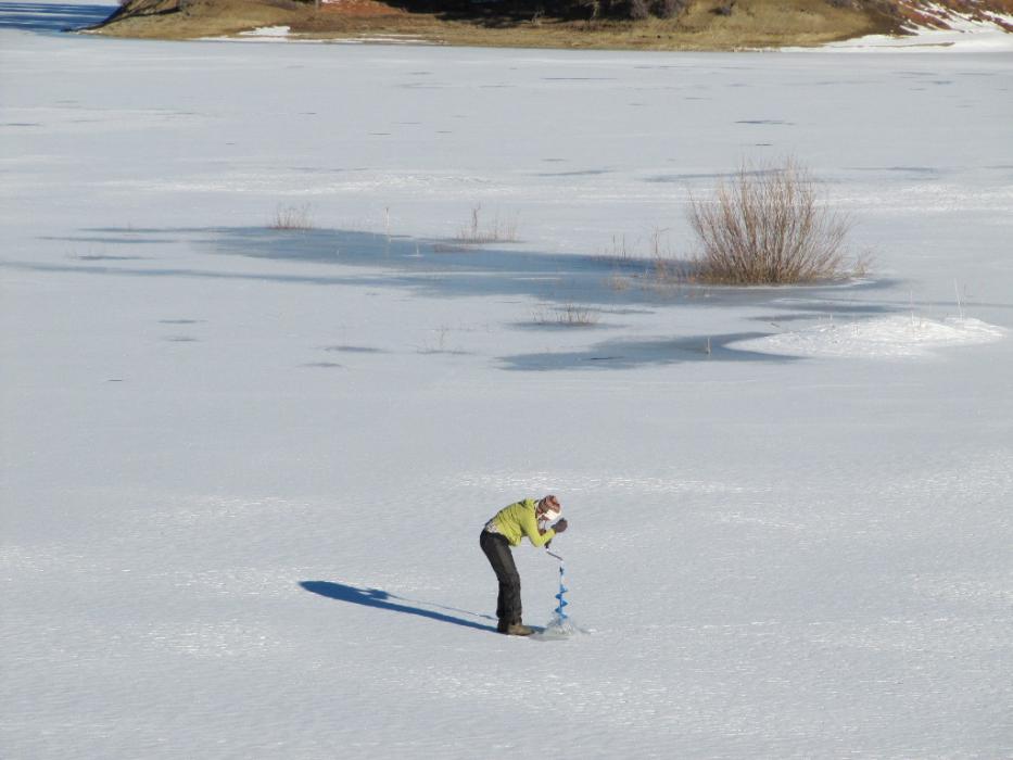 Someone drilling close to thin ice at Davis Lake, CA. File photo By Elaine Quilici