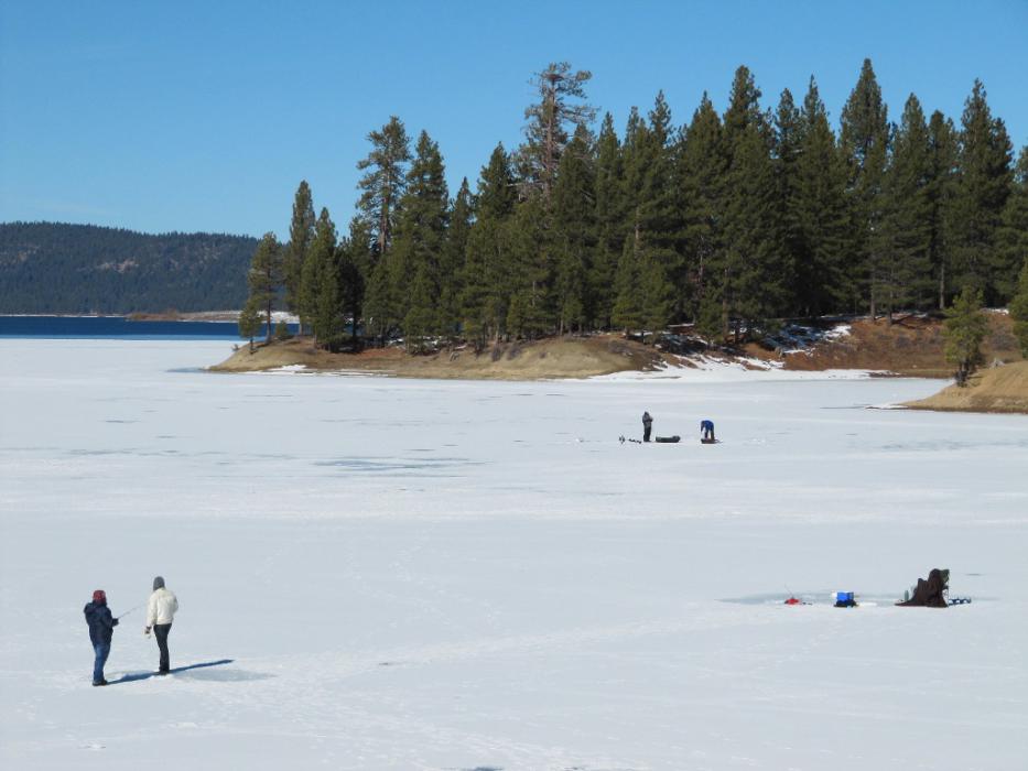 Fishermen with open water in the background at Davis Lake. File photo By Elaine Quilici