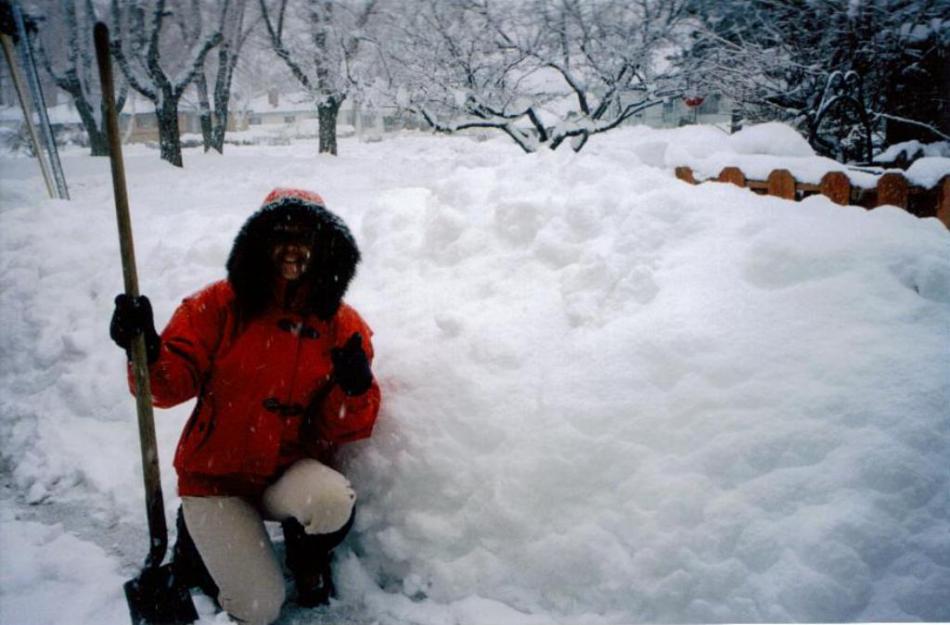 Elaine shoveling snow in 2009. Note the background fence.  Photo by Don Quilici
