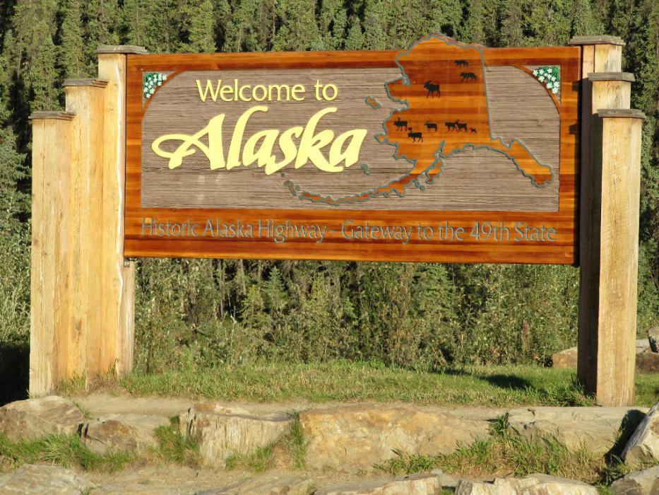 Welcome to Alaska sign for vehicles entering from the Yukon.  Photo by Elaine Quilici