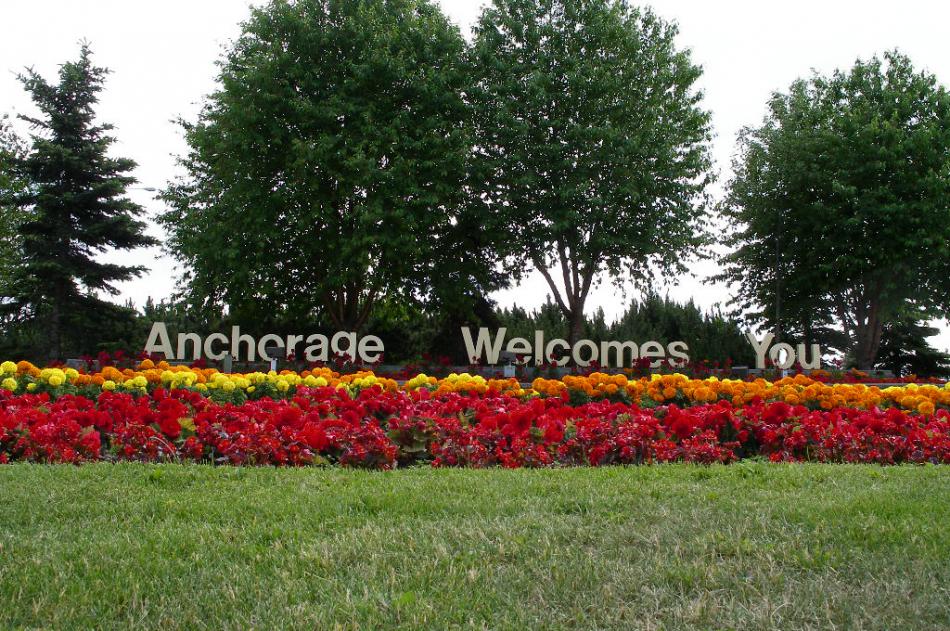 Welcome to Anchorage sign for airport arrivals. Photo by Elaine Quilici