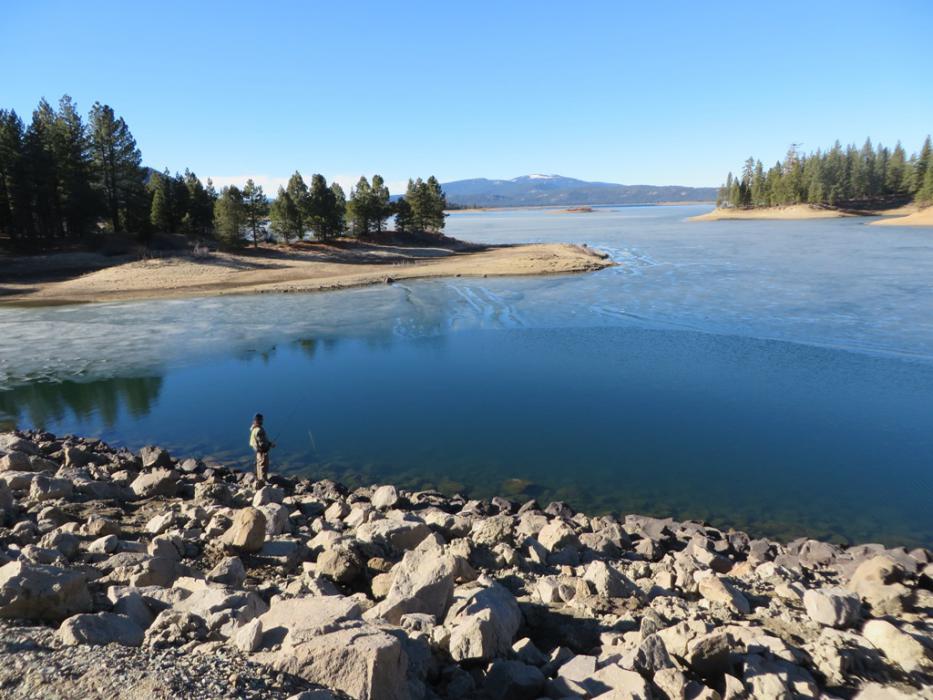 A fisherman at the dam, note the lack of ice on Jan. 24, 2015. Photo by Elaine Quilici