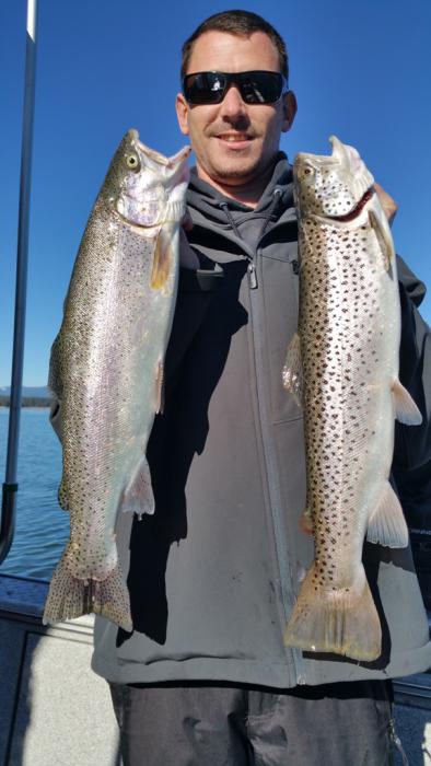 Joe White of Pinole, CA with a 5-pound rainbow and a 5-pound brown caught along Lake Almanor's, east shore.