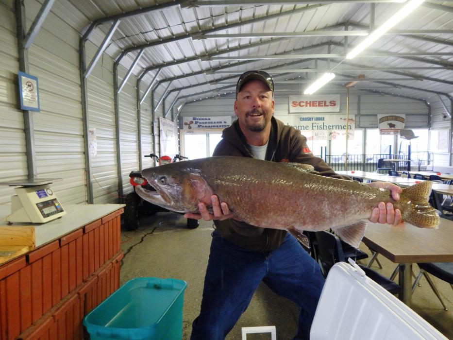 Jimi Crowley with his 21 pound, 8 ounce, 35 inch Cutthroat Trout caught while jigging at the Nets, Pyramid Lake.