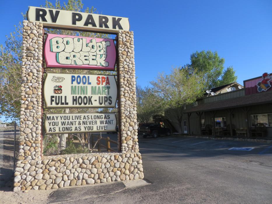 Entrance sign at Boulder Creek RV Park. Photo by Elaine Quilici
