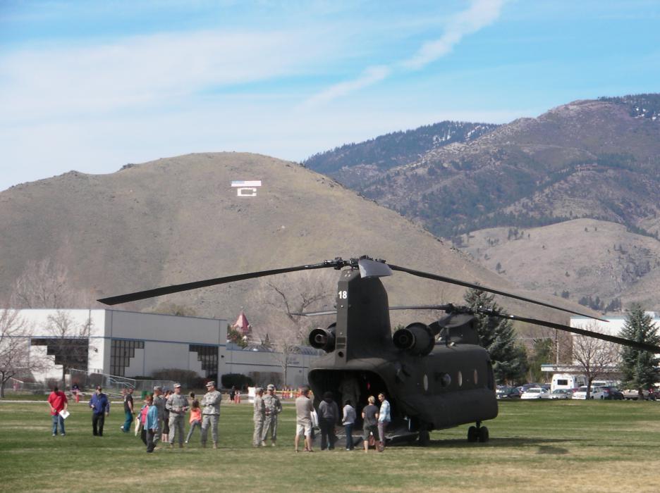A Chinook helicopter with C-Hill in the background Saturday at Mills Park in Carson City.