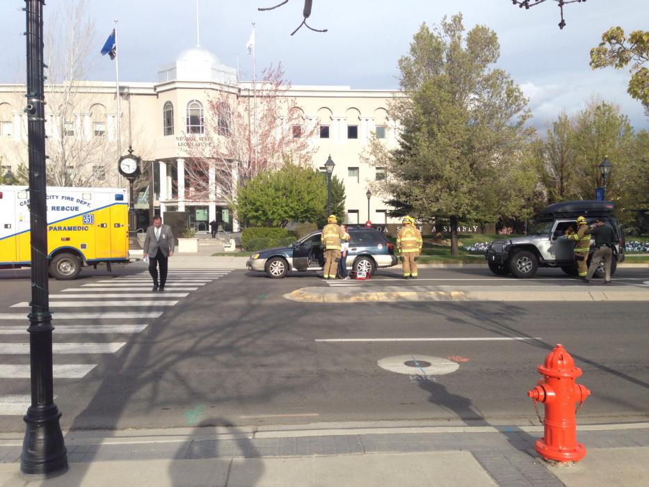 An accident early Monday evening in front of the Nevada Legislature building on Carson Street. Photo by Kirk Caraway