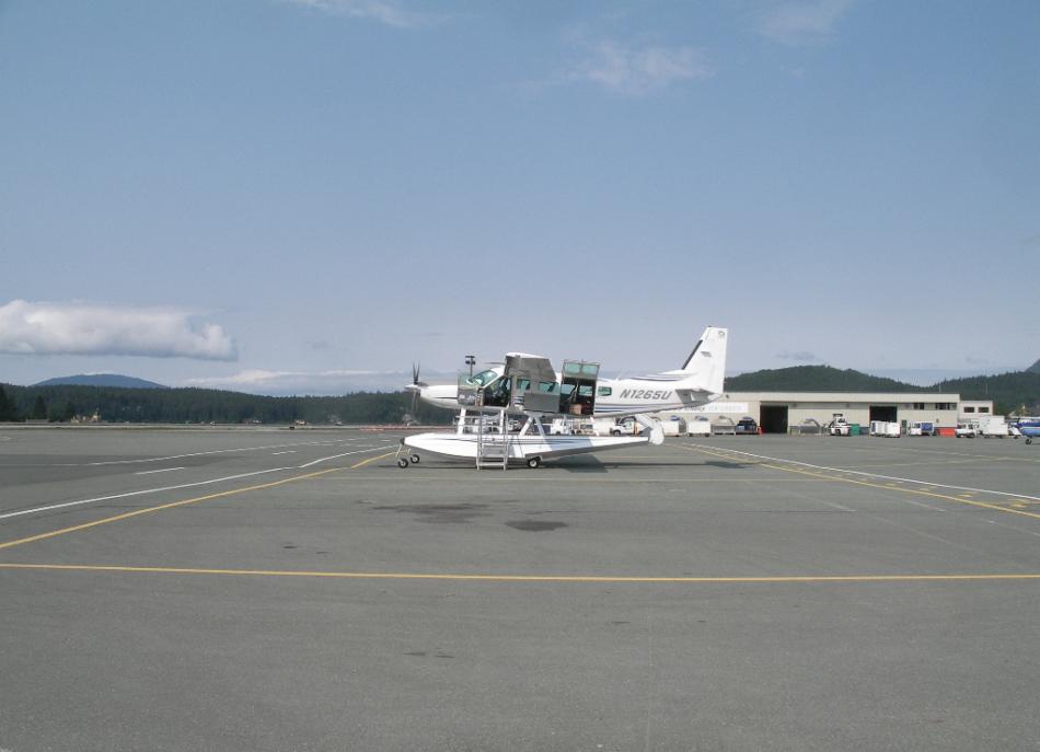 Alaska Seaplanes float plane at the Juneau airport waiting to take our six-member party to Pelican. Photo by Don Quilici