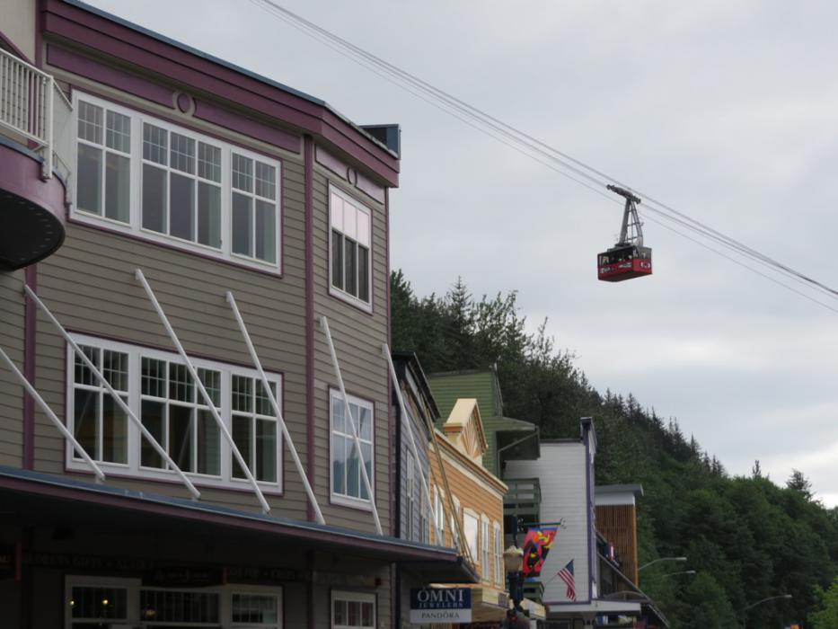 The Mt. Roberts tram crossing over downtown Juneau. Photo by Elaine Quilici