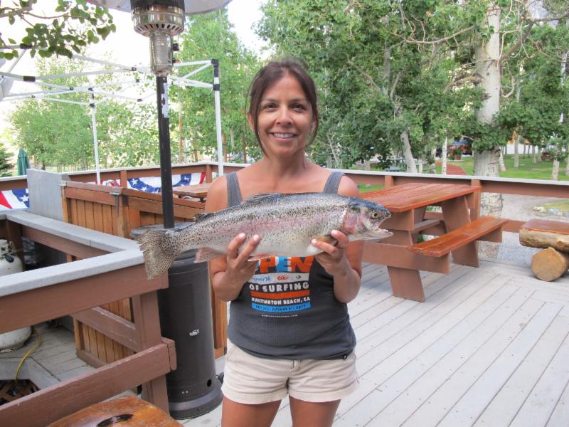Nora McCall of Cypress, Calif., with a 6 pound Rainbow caught with Power Bait at Convict Lake.