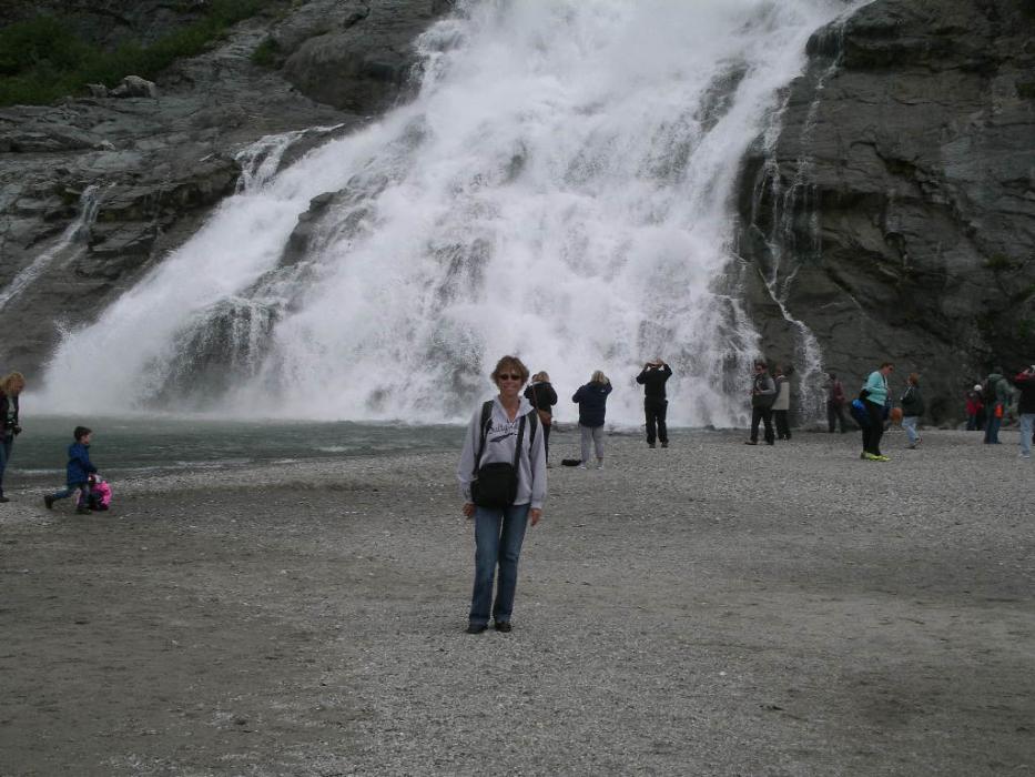 Elaine Quilici at the base of the falls. Photo by Don Quilici
