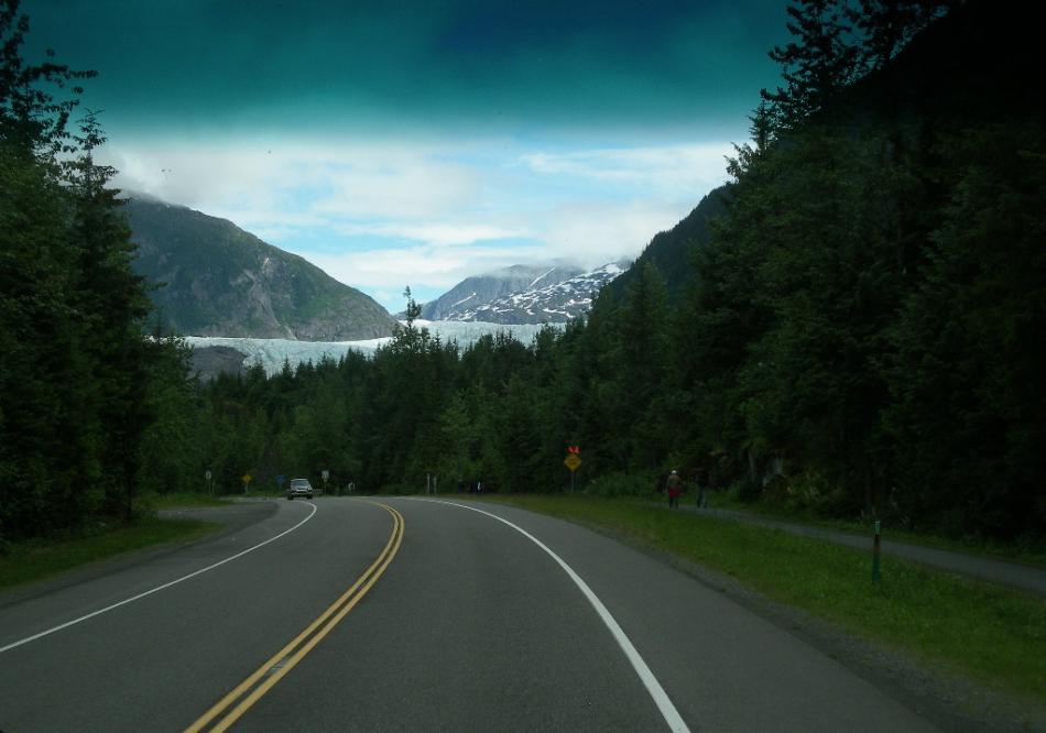Mendenhall Glacier as seen from our bus.  Photo by Elaine Quilici