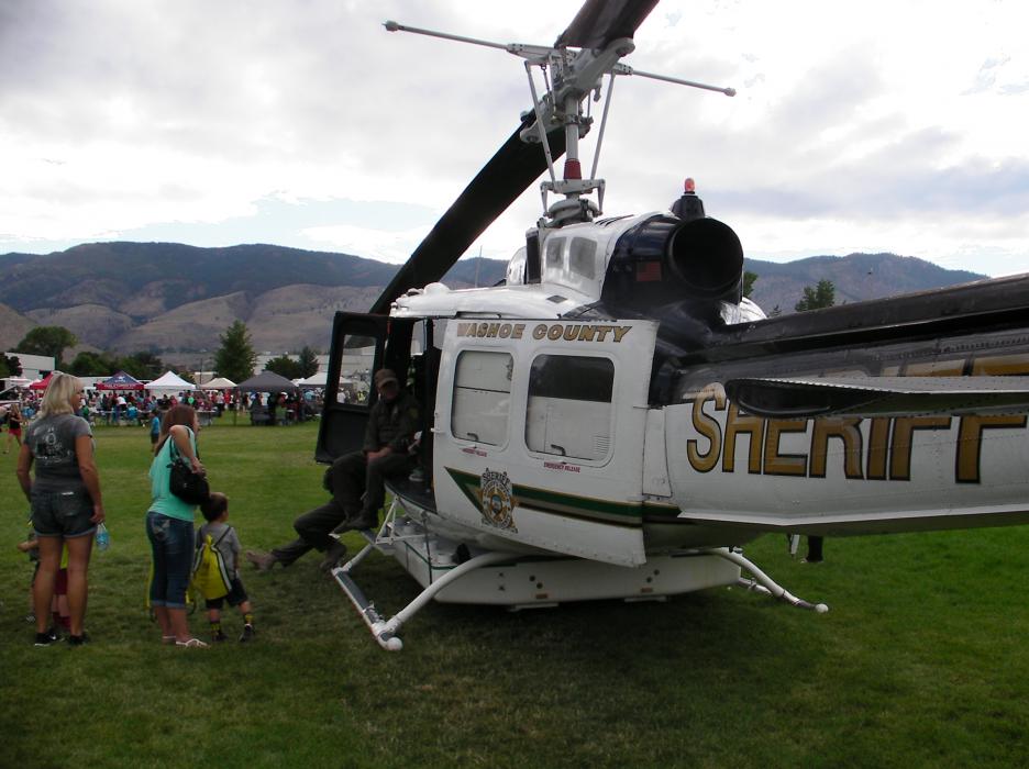 The Washoe County Sheriff's Office RAVEN helicopter at Mills Park in Carson City.