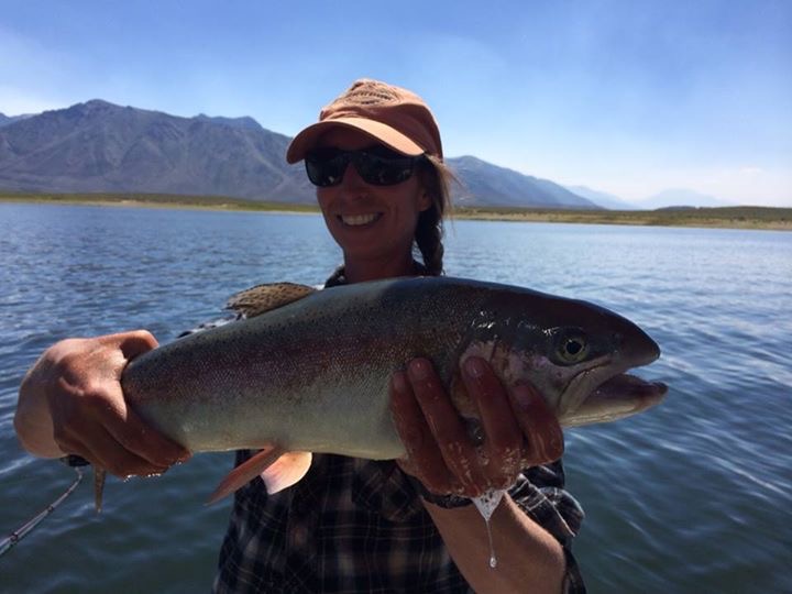 Kerry Tracey with a rainbow caught at Crowley Lake, CA. Photo courtesy of Parchers Resort