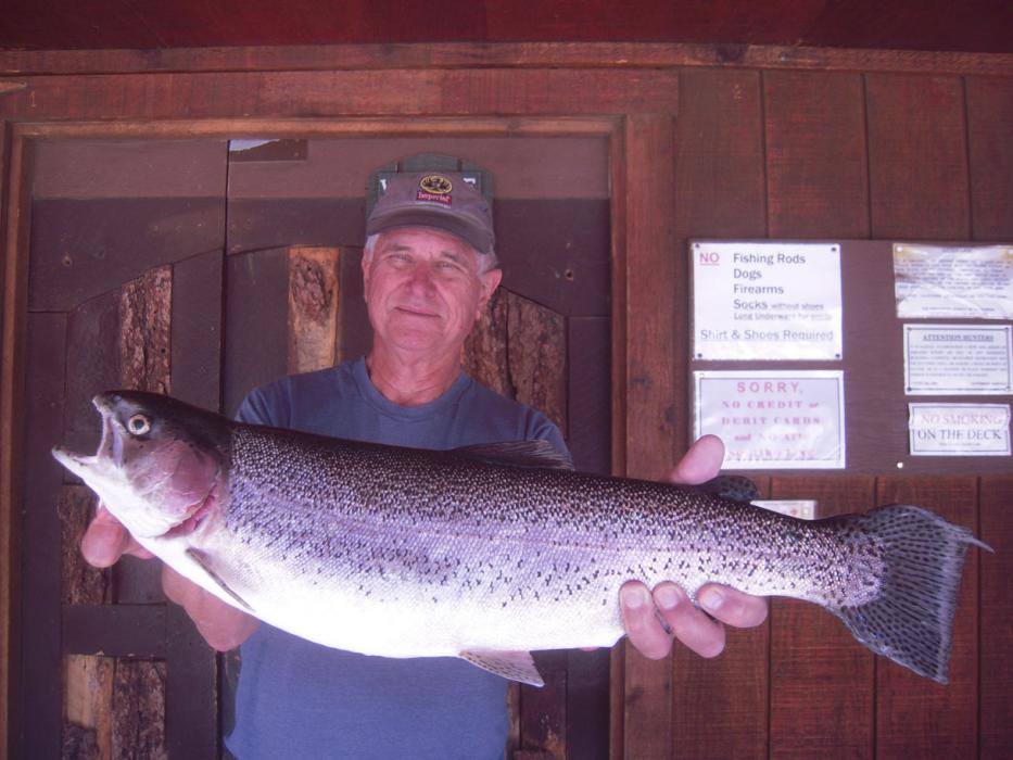 Sandy Sanborn of Reno with his 7-pound, 5-ounce rainbow trout caught at Big Virginia Lake, Calif.