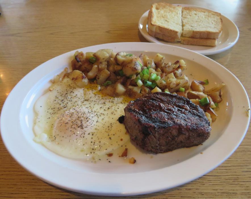 Steak and eggs at the Topaz Lodge restaurant.  Photo by Elaine Quilici
