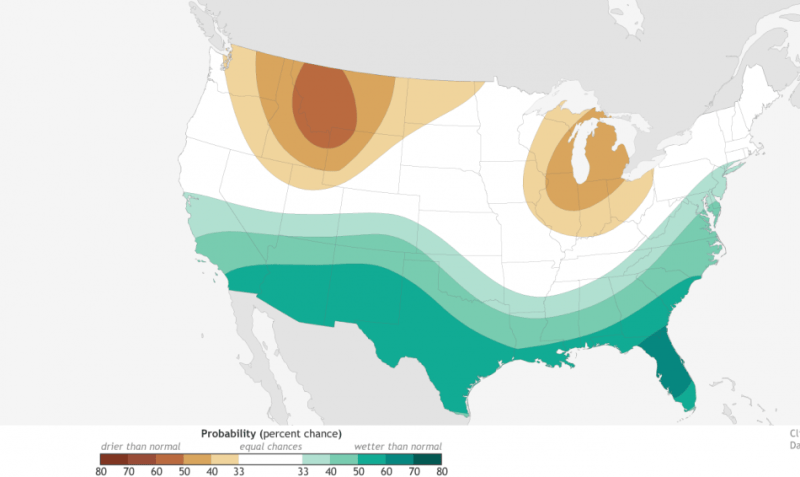 NOAA map shows tan area being drier than normal, blue as wetter than normal.