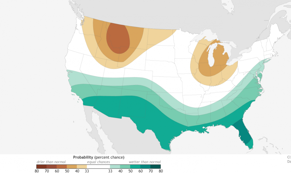 NOAA map shows tan area being drier than normal, blue as wetter than normal.