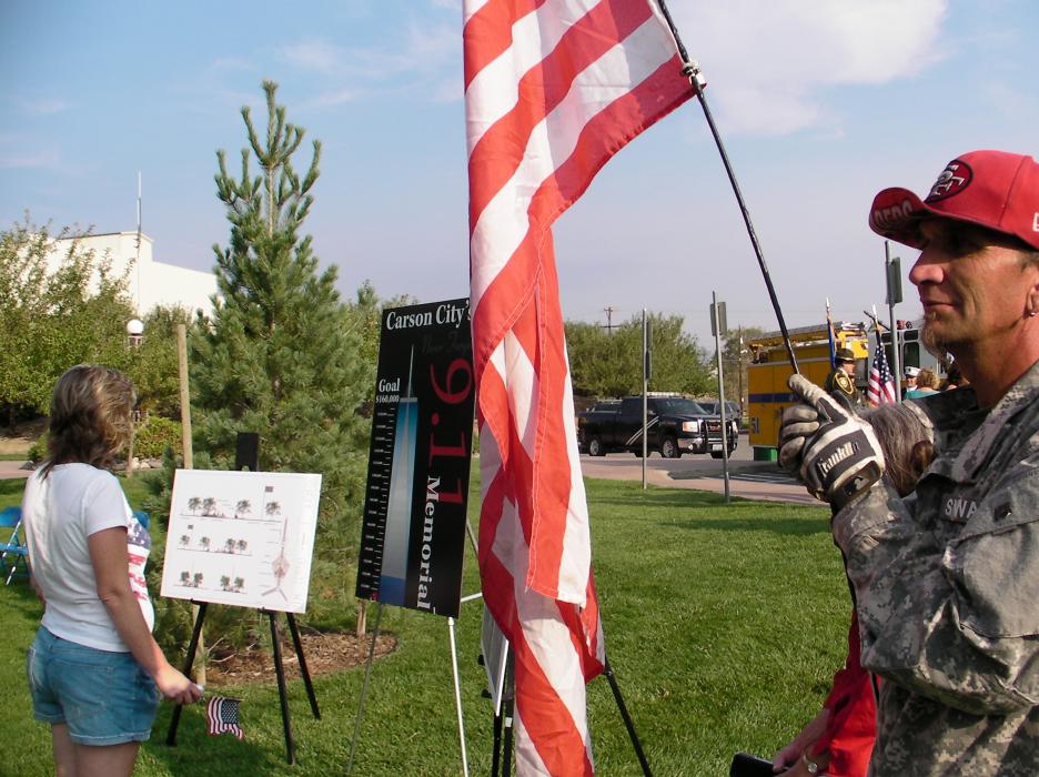 Carson City's honorary flag bearer Tyrone Shultz moments before the 9/11 ceremony.