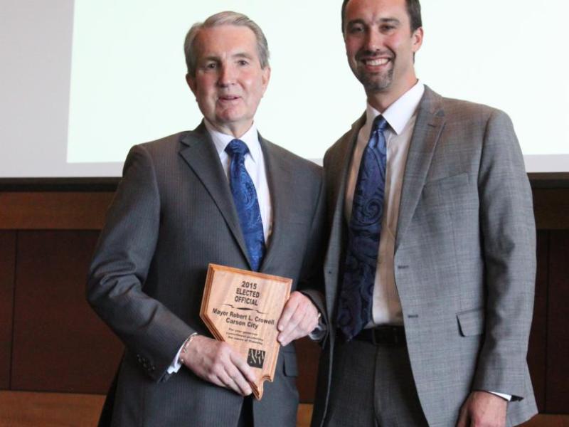 Carson City Mayor Bob Crowell accepts the DeBoer Award for Distinguished Leadership Elected Official.