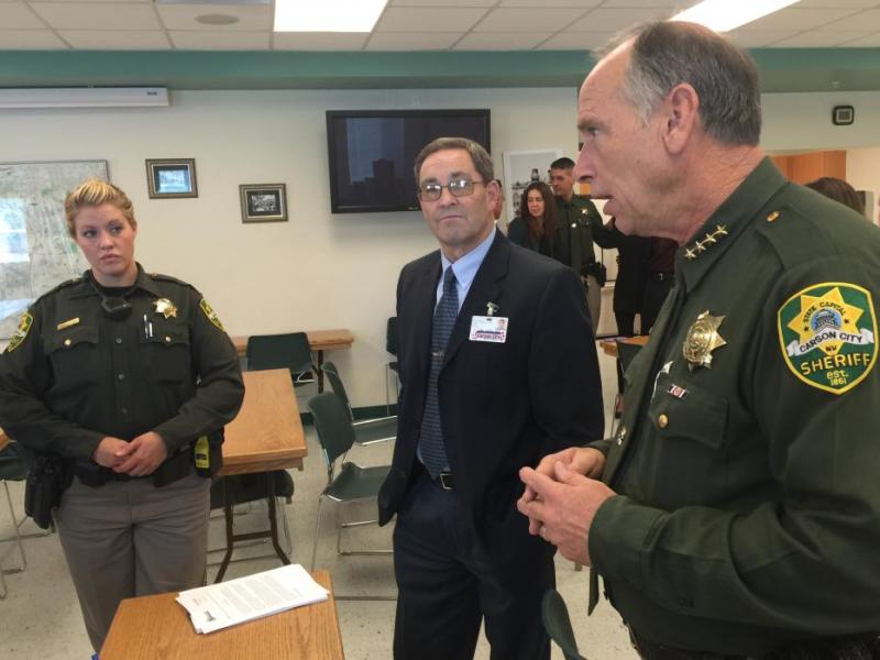 Carson City sheriff's deputy Jessica Dickey, Carson City Schools Supt. Richard Stokes and Sheriff Furlong talk about the grant.