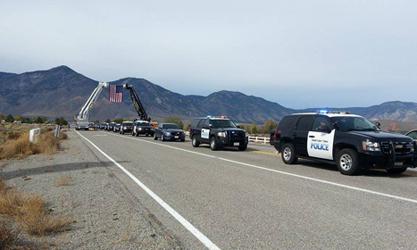 South Lake Tahoe Police patrol vehicles make up procession along Stephanie Way to LIfePoint Church. Photo by Lisa Watson
