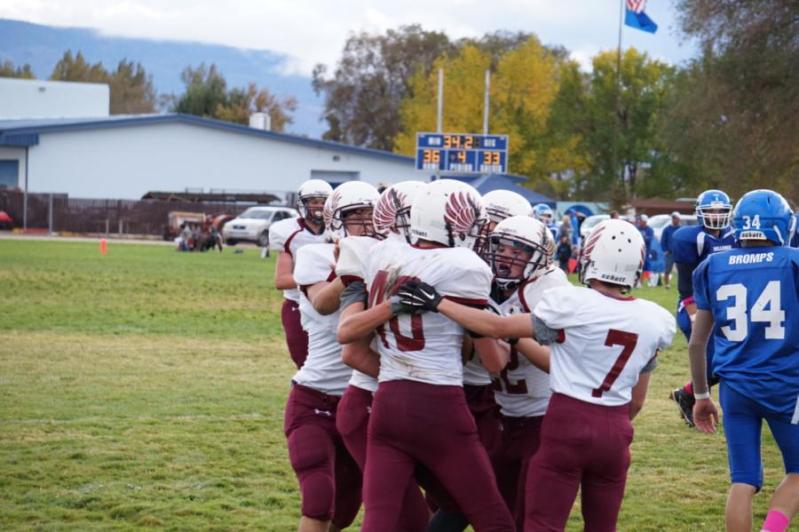 The Falcons share post-play excitement as they score the winning touchdown with only seconds to spare in the game.