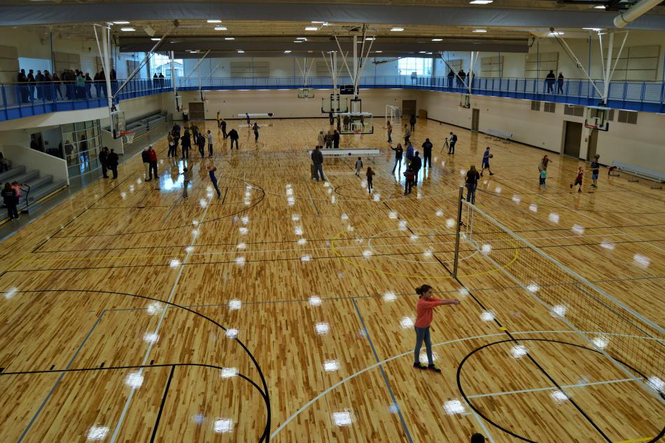 View of the basketball courts from the second story elevated walking track
