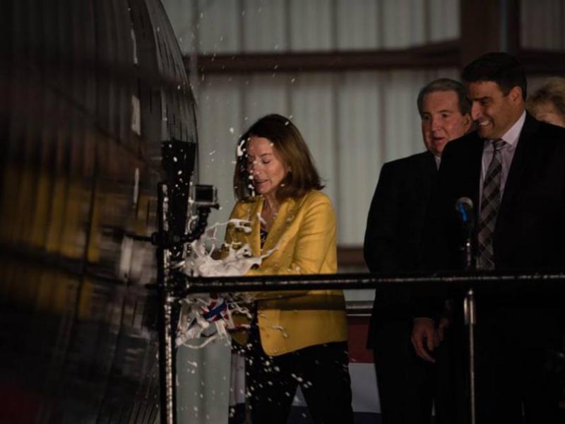 Susan Asbury Crowell officially christens USNS Carson City. Photo by Craig Savage of Austal USA