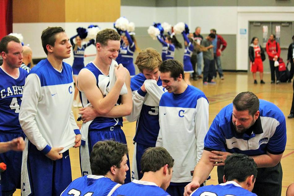Senators huddle in a game against Wooster on Jan. 15. Photo courtesy Jenn Minifie, CHS Boys Basketball