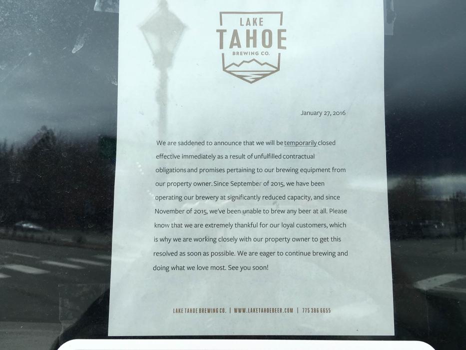 Letter posted to the front door of Lake Tahoe Brewing Company's Carson City location.