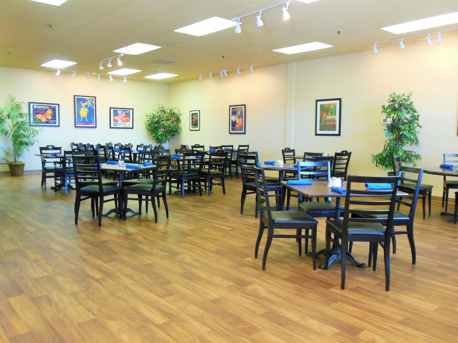 The spacious dining area at Bleu Cafe; light, airy and open.