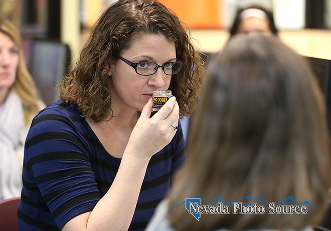 Counselor Nicki Hendee smells a sample of a synthetic drug at the training session. Cathleen Allison, Nevada Photo Source