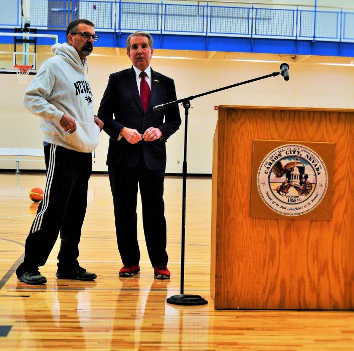 Carson City Mayor Bob Crowell (right) with Parks and Recreation Director Roger Moellendorf at the MAC dedication on Dec. 30.
