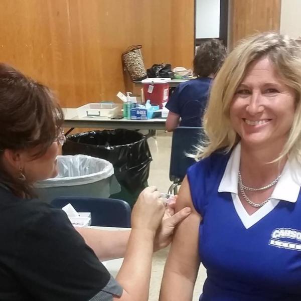Sheila Story, a CHS school nurse, gets a flu shot this fall. Photo courtesy of Carson City Health and Human Services