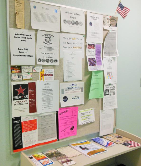 Bulletin board of services and resources for veterans outside the WNC Veterans Resource Center office.