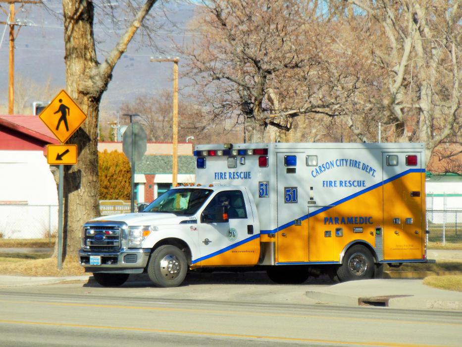An ambulance leaves the Carson City Fire Department Station 51 on Stewart Street.
